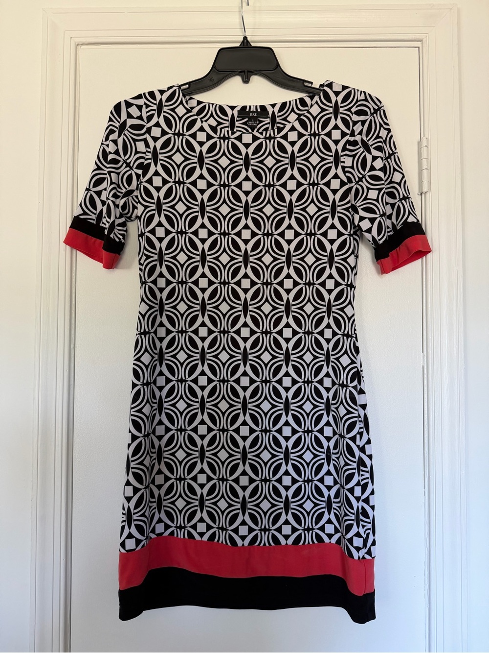R&K Black & White Geometric Dress with Coral Trim